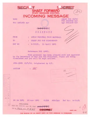 Cable, General George C. Marshall to General Dwight D. Eisenhower