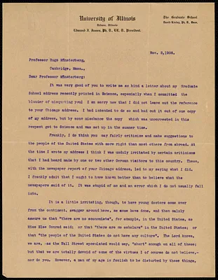 Kinley, David, 1861-1944 typed letter signed to Hugo Münsterberg, Urbana, Ill., 02 November 1908