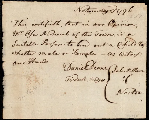 Charles Jolly indentured to apprentice with Asa Newcomb of Norton, 19 November 1796