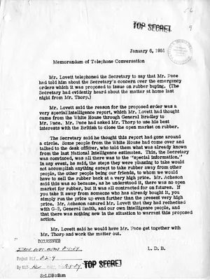Memorandum of Telephone Conversation with Secretary of State Dean Acheson and Deputy Secretary of Defense Robert Lovett