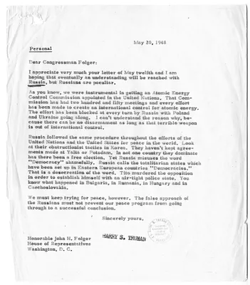 Correspondence Between President Harry S. Truman and Congressman John H. Folger