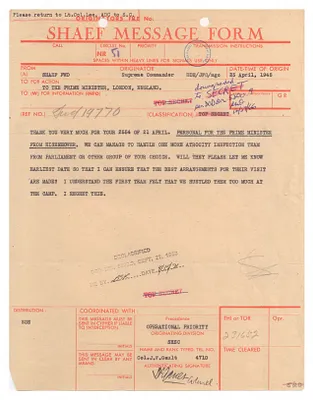 Telegram, Dwight D. Eisenhower to Winston Churchill Regarding Additional Inspection Team to be Sent to Ohrdruf Camp