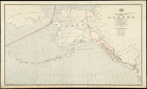 Post route map of the territory of Alaska with adjacent parts of the Dominion of Canada and portions of Washington and Oregon showing post offices with the intermediate distances and mail routes in operation on the 1st of September 1891