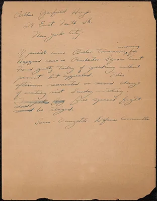 Sacco-Vanzetti Defense Committee autograph note signed to Arthur G. Hays, Boston, Mass., [1928]