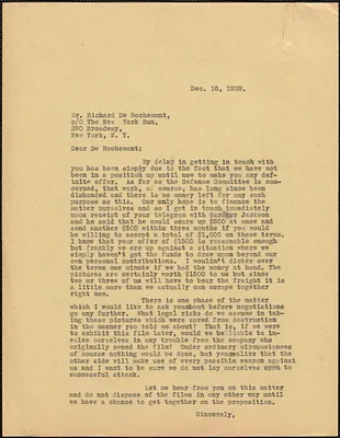 [Creighton J. Hill] typed letter (copy) to Richard De Rochemont (The New York Sun), [Boston, Mass.], December 16, 1929