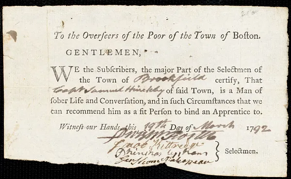 Esther Ford indentured to apprentice with Samuel Hinckley [Hinkley] of Brookfield, 12 April 1792