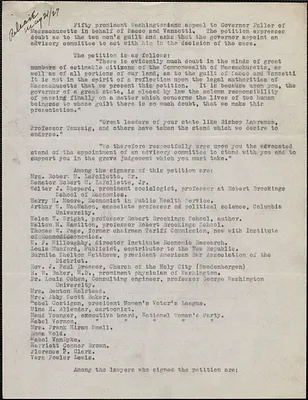 Mrs. Robert M. LaFollette, Sr. et al typed petition to [Alvan T.] Fuller, [Washington, D. C., July-August 1927]