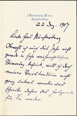 Francke, Kuno, 1855-1930 autograph letter signed to Hugo Münsterberg, Cambridge, Mass., 22 December 1907