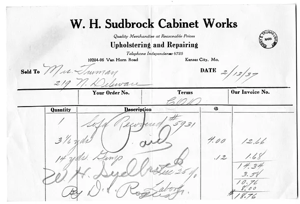 Receipt, W. H. Sudbrock Cabinet Works