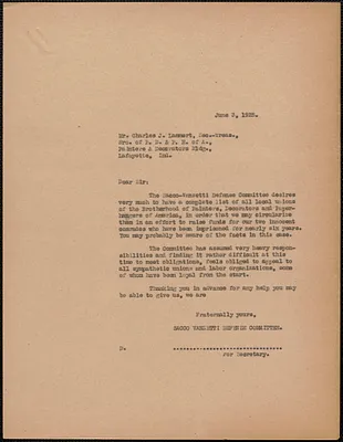 Sacco-Vanzetti Defense Committee typed letter (copy) to Charles J. Lammert (Brotherhood of Painters, Decorators, and Paperhangers of America), Boston, Mass., June 3, 1925