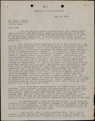 Matilda Robbins (Comitato Pro Sacco-Vanzetti) typed letter (copy) to Fred H. Moore, [New York, N. Y?], May 19, 1924