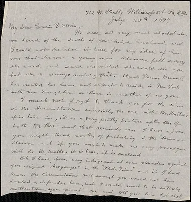 Autograph letter (fragment) to Victoria [Woodhull Martin], Williamsport, Pa., July 25, 1897