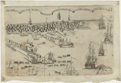 The town of Boston in New England and Brittish ships of war landing their troops! 1768