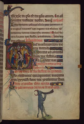Leaf from Book of Hours: Flagellation; Bull Blowing a Horn from a Marginal Cycle of Images of the Funeral of Renard the Fox