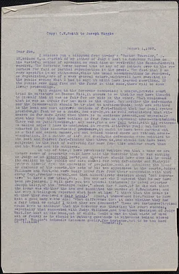 Clarence W. Smith typed letter (copy) to Joseph Wiggin, August 1, 1927