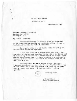 Letter from Senator Brien McMahon to Secretary of War Robert Patterson