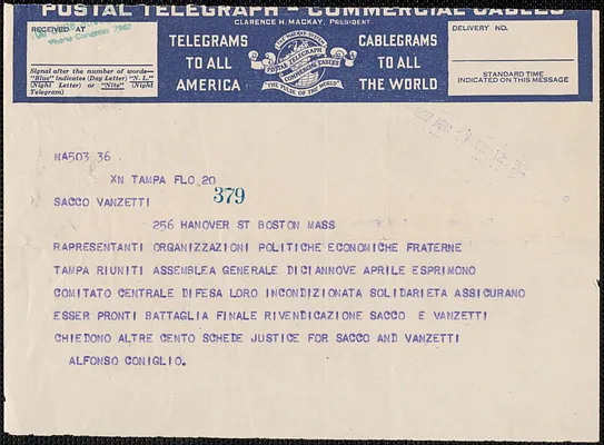 Alfonso Coniglio telegram, in Italian, to Sacco-Vanzetti Defense Committee, Tampa, Fla., April 20, 1927