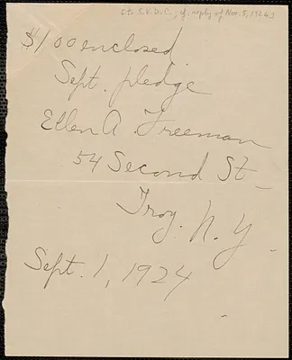 Ellen A. Freeman autograph note signed to Sacco-Vanzetti Defense Committee, Troy, N.Y., September 1, 1924
