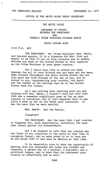 Exchange of Toasts between the President and Israeli Prime Minister Yitzhak Rabin