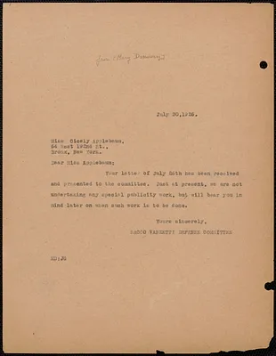 Sacco-Vanzetti Defense Committee typed note (copy) to Cicely Applebaum, Boston, Mass., July 30, 1926