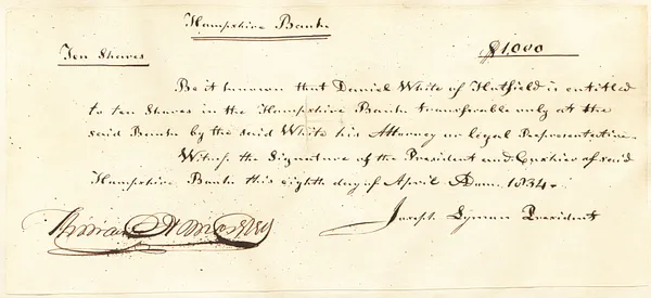 10 shares Hampshire Bank, $1,000, signed by Joseph Lyman, president, April 8, 1834