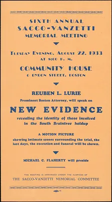Sacco-Vanzetti Memorial Committee handbill, [Boston, Mass., August 1933]