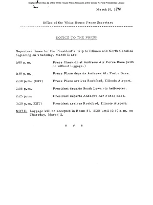 Departure times for President's trip to Illinois and North Carolina [Notice to Press]