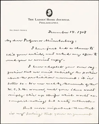 Bok, Edward William, 1863-1930 autograph letter signed to Hugo Münsterberg, Philadelphia, 14 December 1908
