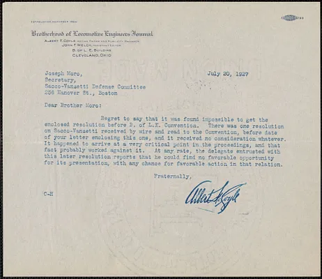 Albert F. Coyle (Brotherhood of Locomotive Engineers Journal) typed note signed to Joseph Moro, Cleveland, Ohio, July 20, 1927