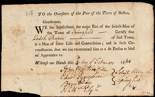 Thomas Osborn indentured to apprentice with Zadock Chapin of Springfield, 3 February 1768
