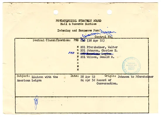 Indexing and Suspense Form re Liaison with the American Legion