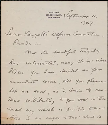 Jeannette S. S. Davis autograph letter signed to Sacco-Vanzetti Defense Committee, Montvale, N. J., September 11, 1927