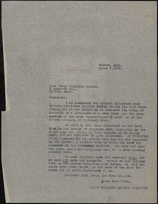 Sacco-Vanzetti Defense Committee typed letter (copy) to Luce's Press Clipping Bureau, Boston, Mass., March 7, 1927