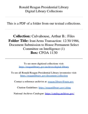 Iran/Arms Transaction: 12/30/1986, Document Submission to House Permanent Select Committee on Intelligence (1)