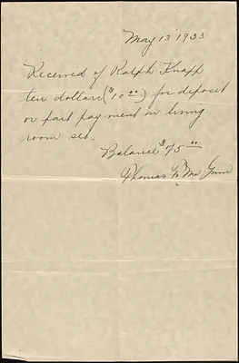Receipt for $10 paid by Robert Knapp on May 13, 1933, for deposit or part payment on living room set