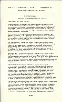 Radio and television report to the American people on the Soviet arms build-up in Cuba, 22 October 1962