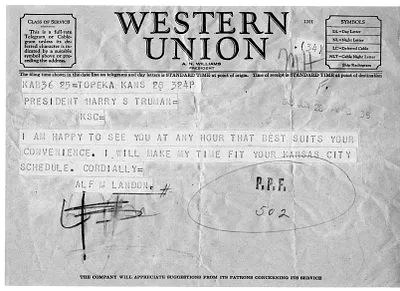 Telegram from Alf Landon to President Harry S. Truman