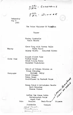 White House Dinner Menu for the Prime Minister of Pakistan