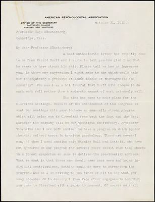 Bingham, Walter Van Dyke, 1880-1952 typed letter signed to Hugo Münsterberg, Hanover, N.H., 31 October 1912