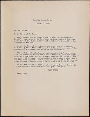 Harry Grimes typed letter (copy) to the Editor, Boston Herald, Newburyport, Mass., August 27, 1947