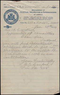 C. E. Lamford autograph letter signed to Adoph G. Wittner, Boston, Mass., January 29, 1924