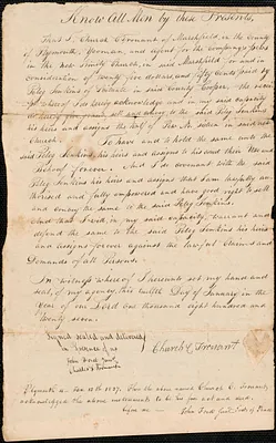 Deed of pew conveyance for pew owner Peleg Jenkins, cooper of Scituate