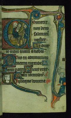 Leaf from Book of Hours: Compline, Initial ""C"" with Flight into Egypt and Marginal Drollery of a Woman Holding a Spoon and Bread-trough