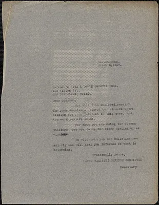 Sacco-Vanzetti Defense Committee typed letter (copy) to Workmen's Sick and Death Benefit Fund, Boston, Mass., March 3, 1927