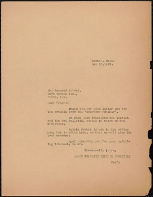 Sacco-Vanzetti Defense Committee typed letter (copy) to Leonard D. Abbott (The Square Deal), Boston, Mass., May 13, 1927