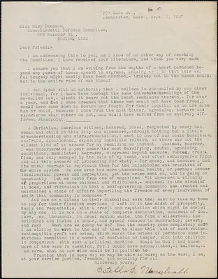 Estella E. Marshall typed letter signed to Mary Donovan, Leominster, Mass., September 1, 1927
