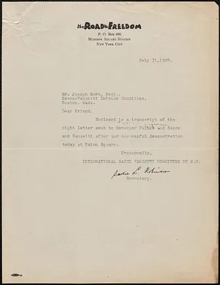 Sadie L. Robinson (International Sacco-Vanzetti Defense Committee) typed note signed to Joseph Moro, New York, N.Y., July 31, 1927