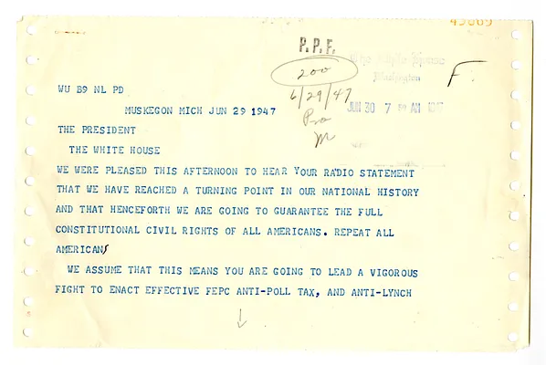 Telegram from the Muskegon, Michigan Communist Club to President Harry S. Truman