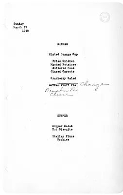 White House Dinner and Supper Menu