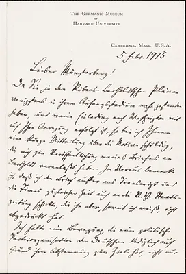 Francke, Kuno, 1855-1930 autograph letter signed to Hugo Münsterberg, Cambridge, Mass., 5 February 1915